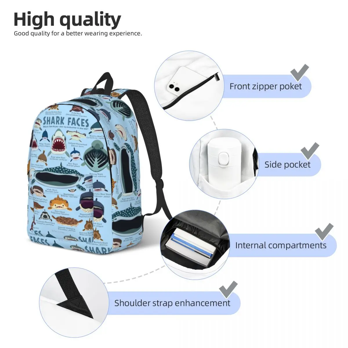 Shark Faces Backpack Middle High College School Student Bookbag Teens Canvas Daypack Outdoor