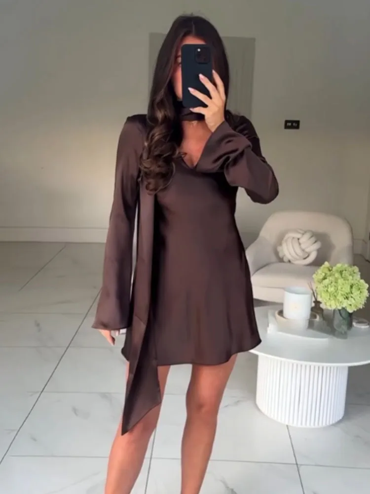 HH レディース フレンチスカーフ装飾 Vネック ミニドレス シルクサテン風 軽やか 高級感 エレガント ハイウエスト スリム パーティードレス