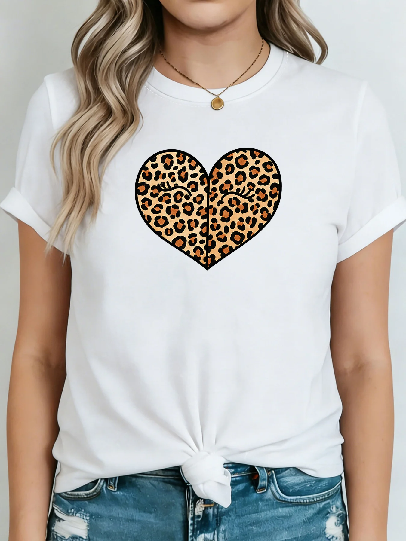 Women's Leopard Print Heart Sleeve Crew Neck Blouse Elegant Suitable for Spring Casual with Heart-Shaped Leopard