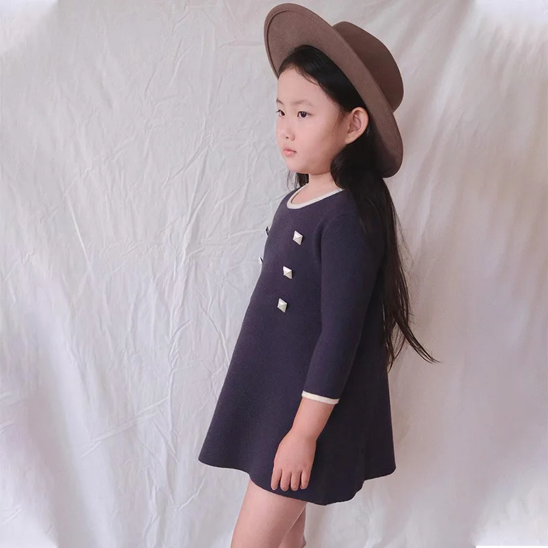 

Jenny&Dave 2023 Girls' Navy Style Dress Children's Navy Blue Round Neck Long Sleeve Knitted Dress Autumn and Winter Baby Woolen