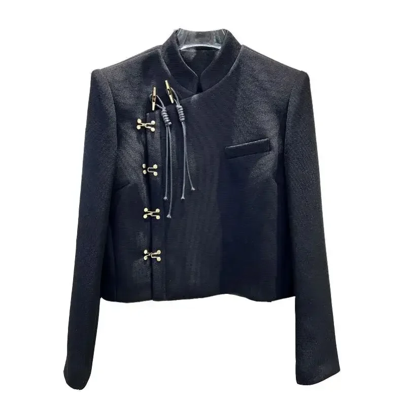 KUSAHIKI 2023 Autumn Vintage Stand Neck Short Coat Women Slim Elegant Jackets Chic Tassel Irregular Single Breasted Outwear Tops