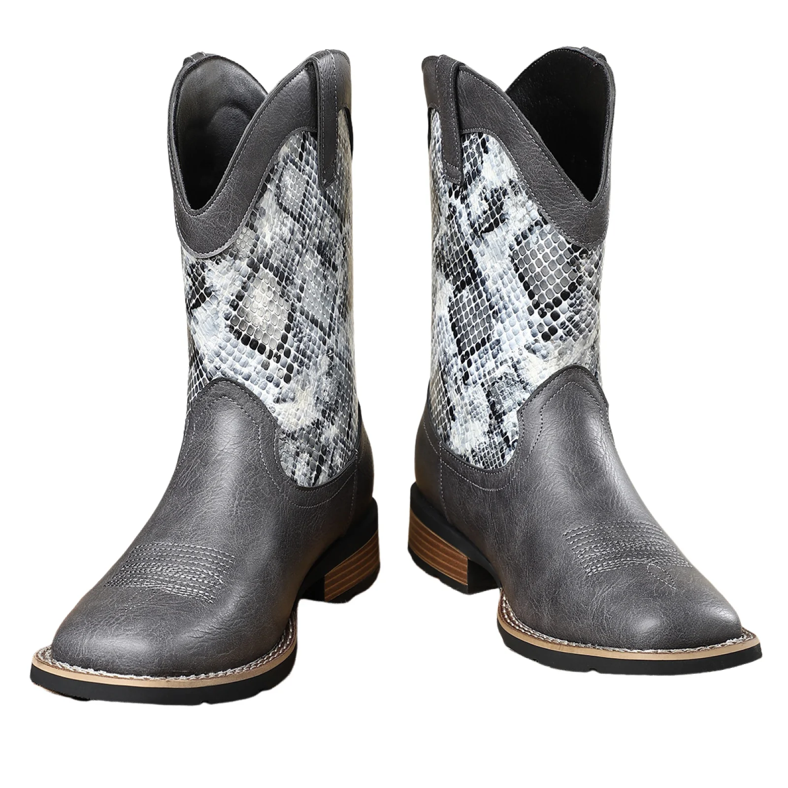 メンズ中世ウエスタンカウボーイブーツ海賊ヘビ革刺繍ミッドカーフブーツハロウィン用