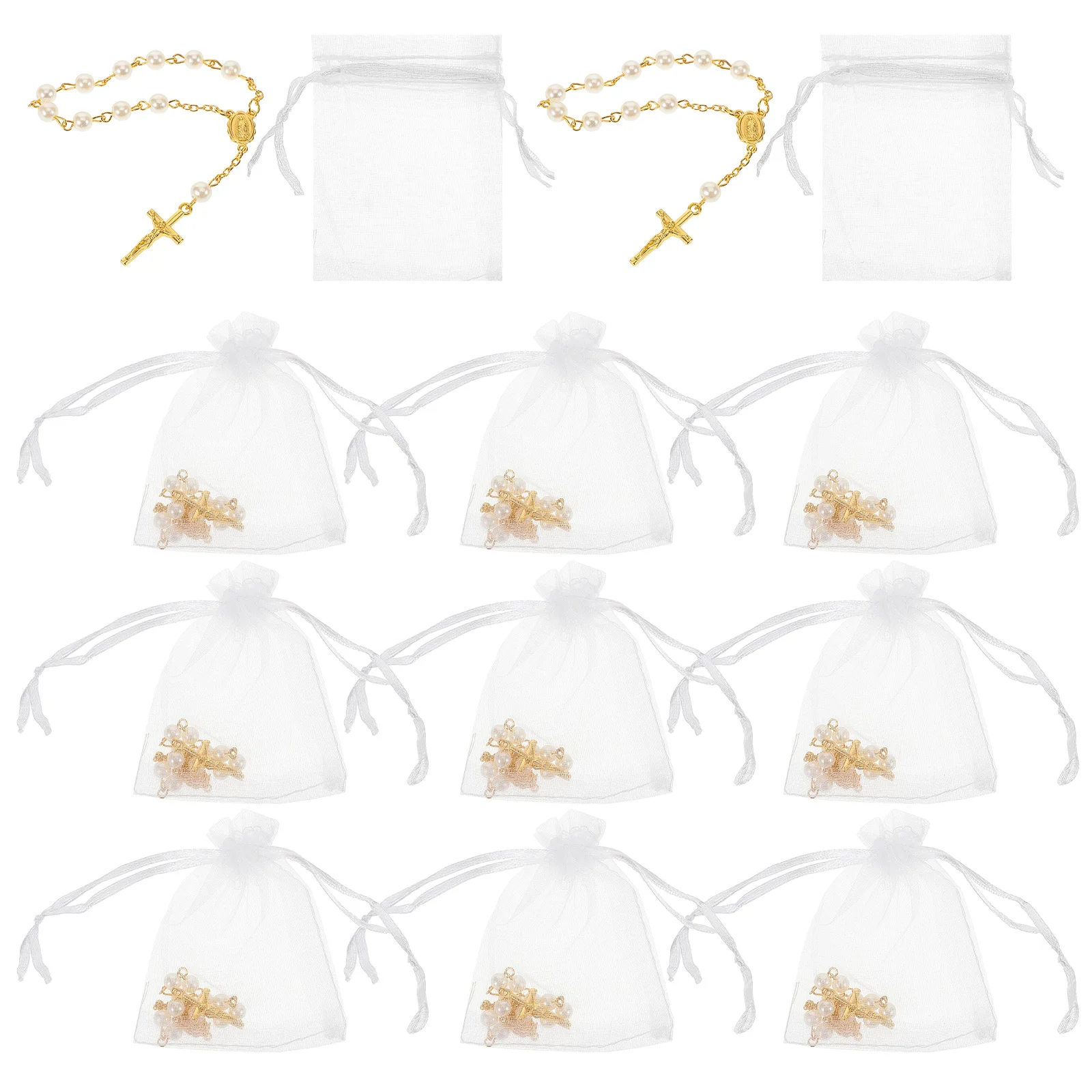 

12 Pcs Beautiful Mini Rosary Bracelet With Cross And Pearls - Spiritual Gift For Baptism First Communion Wedding Celebration