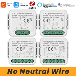 Tuya Smart ZigBee Switch Module 1 2 3 4 Gang No Neutral Wire Required Smart Home DIY Light Breaker Work with Alexa Google