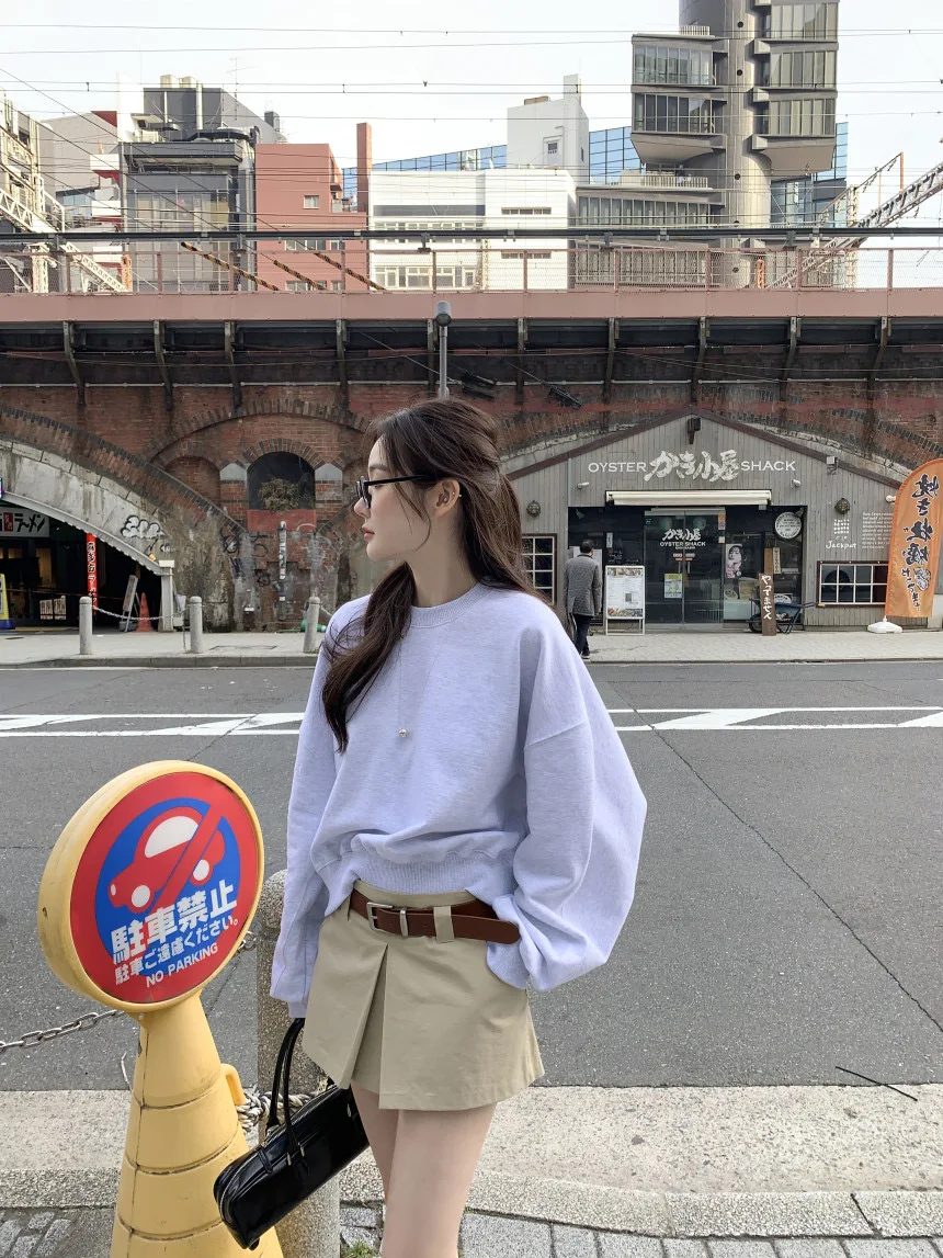 

Korean style Round Neck Pullover Long Sleeve Sweatshirt + Pants Skirt Two Piece Set