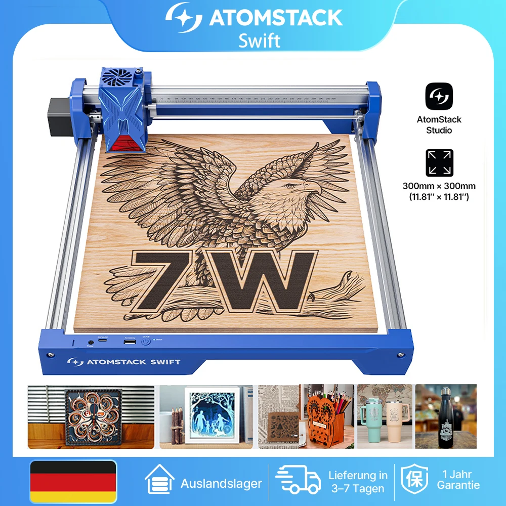 NEW ATOMSTACK Swift Laser Engraver and Cutter 7W 12W High Precision Desktop Laser Machine for Wood Acrylic Metal Engraving DIY LightBurn Compatible for Small Business Custom Engraving Sign Making DIY Workshop