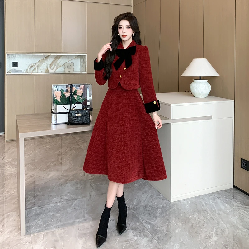 Chic Luxury High Quality 2 Piece Set Women Tweed Wool Autumn Winter Thick Warm Bow Coat Jacket+Casual Party Long Skirts Suits