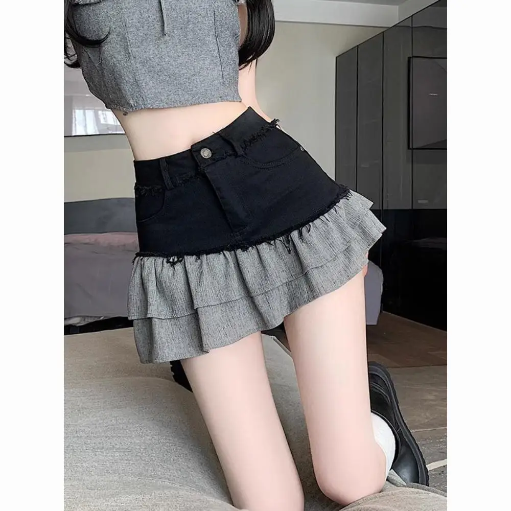 Spice Girl Denim Skirt Women's Summer Rough Edge Splicing Ruffle Leaf Edge A-word Skirt