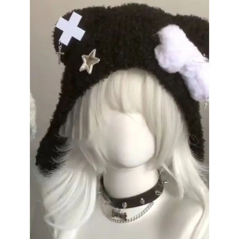 اليابانية القوطية Y2K محبوك قبعة الدب عظمتين متقاطعتين ستار Harajuku ثقافة فرعية لوليتا قبعة Kawaii رقيق شيك دلو القبعات للرجال والنساء #4