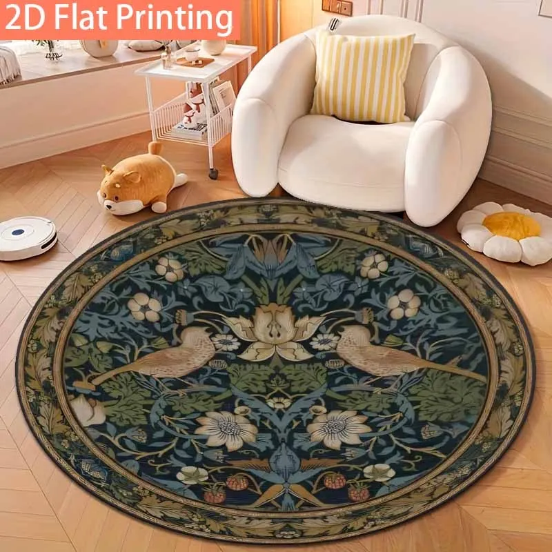 Luxurious Round Plush Polyester Area Rug Bohemian Style Vintage Floral Peacock Design Soft Living Room Mat Flooring Decoration