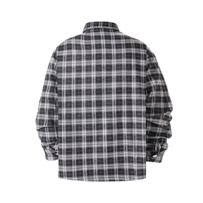 Unisex Plaid Zipper Shirt Mesh Patch Embroidery Long Sleeve V-shape Shirt Men Women Leather Label Shirt Streetwear Blouse Tops
