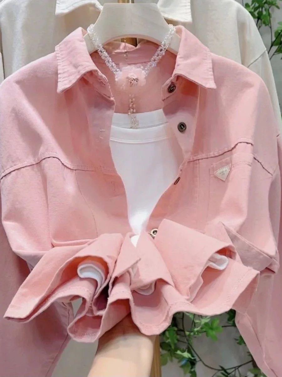 

Повседневная женская рубашка свободного кроя из чистого хлопка цвета сладкой ваты, универсальная, для весны и осени, влагоотводящая, с длинными рукавами