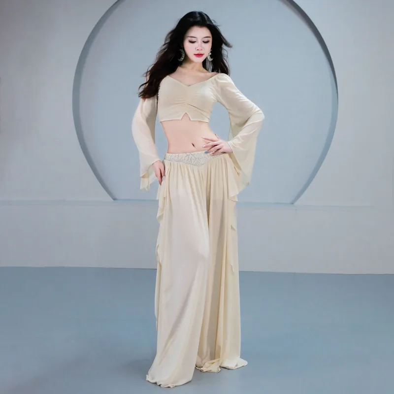 Customized Belly Dance Costume Women Oriental Dance Set Long Sleeved Practice Outfit Lotus Leaf Ribbon Class Outfit 2Pcs