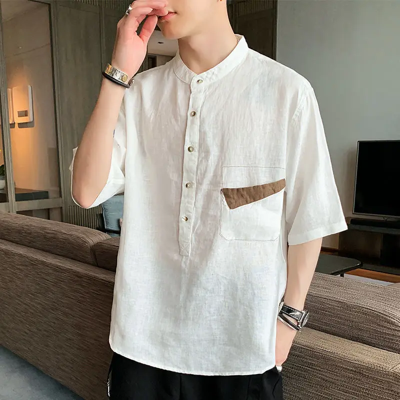 2024 Summer New Trendy and Handsome Short Sleeves Thin Simple and Breathable Japanese Men\'s Pocket Shirt with 5/4 Sleeve Top