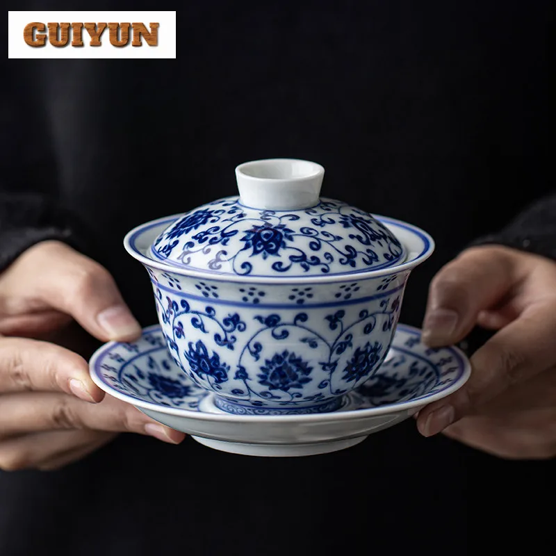 

160 мл сине-белая креативная чайная чаша Twining Lotus Gaiwan с крышкой, комплект для приготовления чая, миска для напитков, украшение