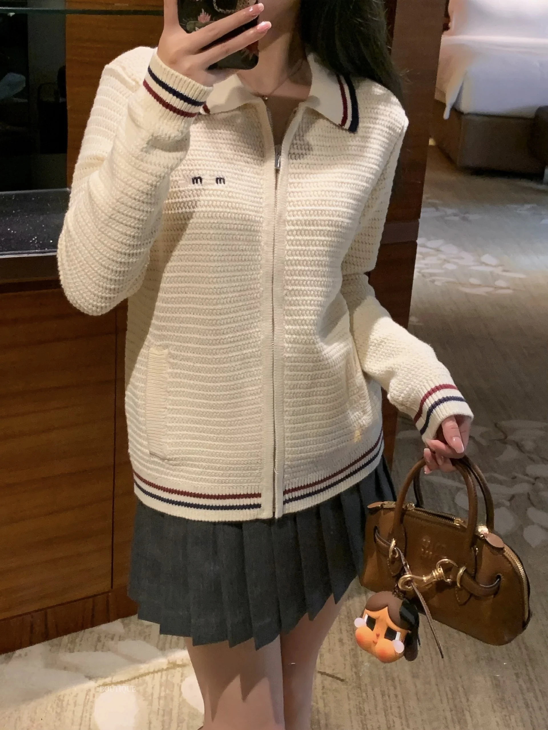 

Miaoxi 92 O-Ne Knitted Cardigan Casual Cotton Spring Summer Autumn Open Front Embroidered Contrast Color College Sle Wom...