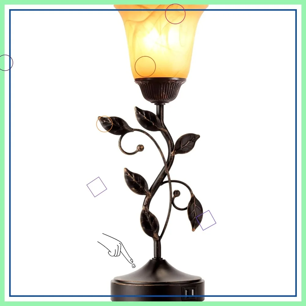 

Настольная лампа с сенсорным управлением и 2 USB-портами, с регулируемой яркостью, с плафоном из янтарного стекла для спальни и гостиной, светодиодная лампа в комплекте