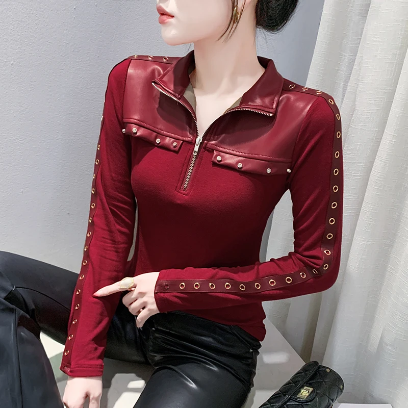 2025,New,European,Clothes,Fall,Winter,Cotton,T-shirt,Fashion,Sexy,Stand,Zipper,Patchwork,PU,Women,Tops,Long Sleeve,Tees,41184