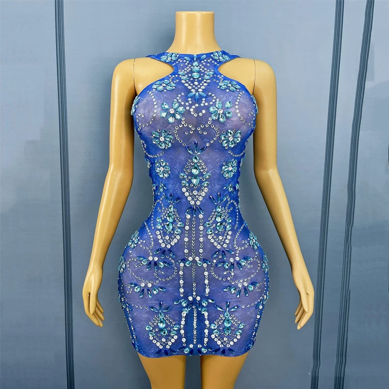 女性はイブニングドレスを祝いますブルーラインストーンパーティードレスステージキャットウォーク衣装ナイトクラブバーフェスティバル衣装XS10155