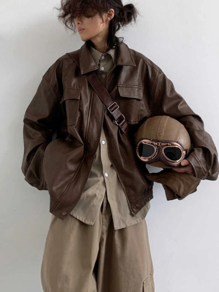 

Retro PU Leather Jaet Men's Women's Student Sle Biker Coat Spring Autumn New Arrival Neutral Color Trendy Outerwear