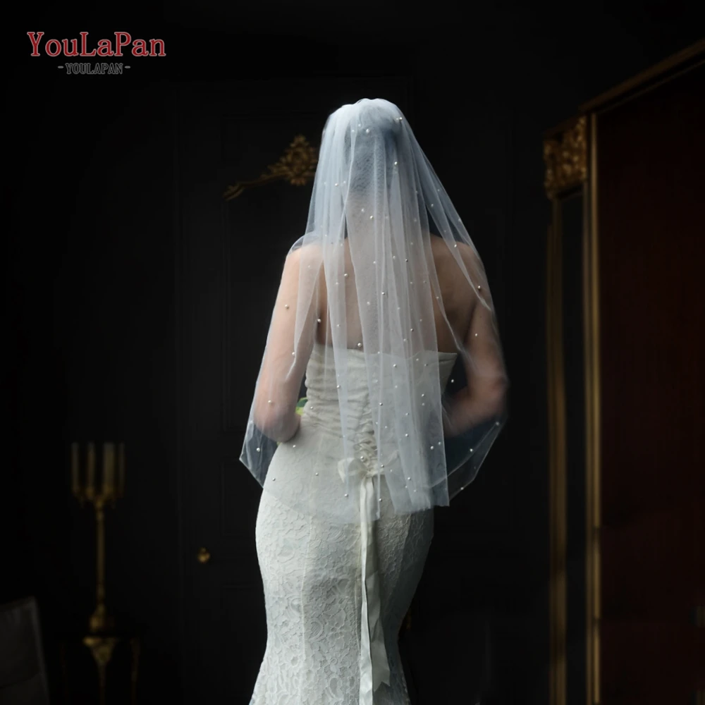 Youlapan V06 1層ブライダルベール櫛でショート指先長ブライダルベール真珠のベール白アイボリーベールの結婚式のアクセサリー