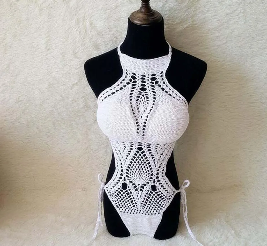 Women's One Piece Swimsuit Handmade Cotton Knitted Ladies Bodysuit Swimwear Summer New Sexy Halter Bathing Suit Beachwear Bikini