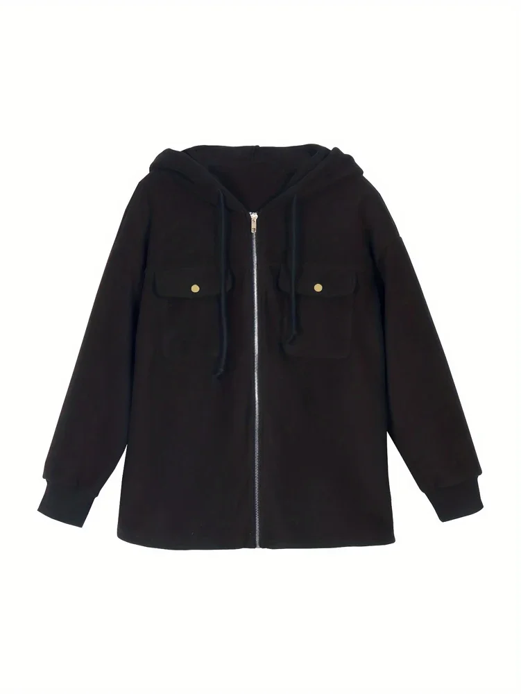 Plus Size Women's Hooded Jackets Casual Trendy Drawstring Long Sleeve Pockets Zip Up Coat Fall Winter Solid Color Fleece Jacket