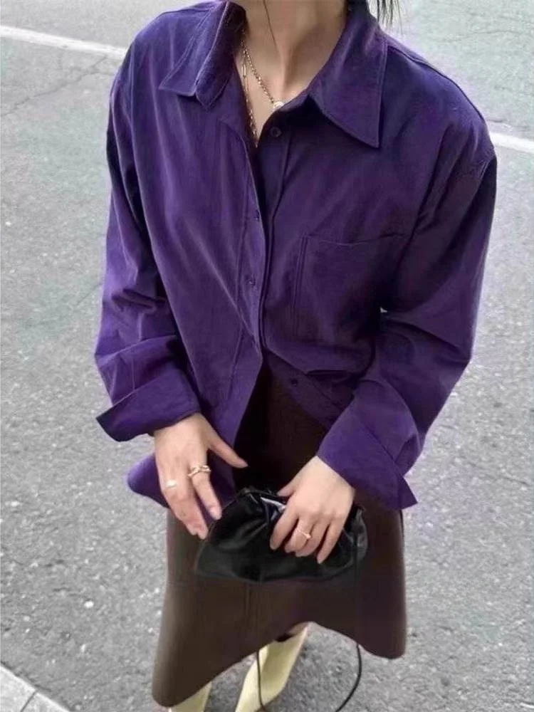 

Faionable Corduroy irt Vintage Design Loose Overlap Purple Top Early Winter New Sle Women's Long Sve Collar Coat