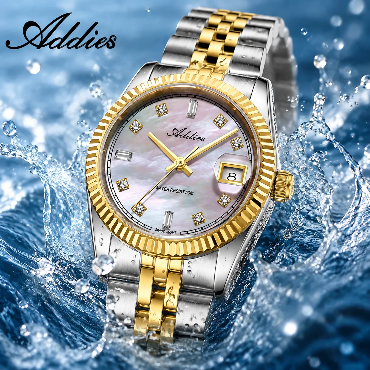 ADDIES Date Display Women's Waterproof Watch Sapphire Glass Czech Rhinestones Mother of Pearl Dial Ladies Wristwatches AW25905