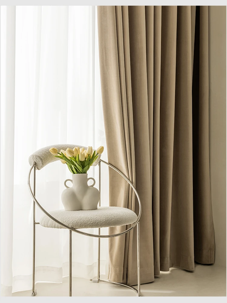 Modern minimalist light luxury wool flannelette milk tea color blackout curtain Curtains for Living dining room bedroom