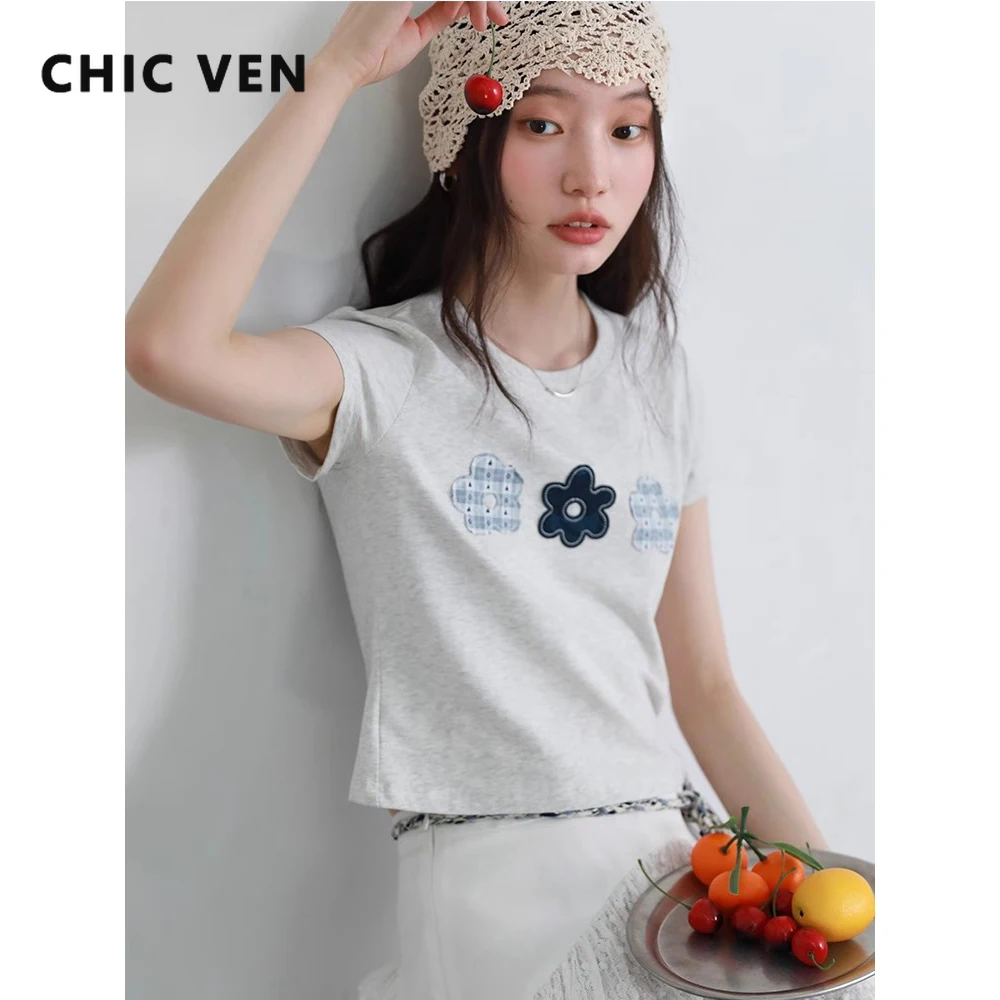 

CHIC VEN модные женские футболки тонкие новые женские футболки с круглым вырезом и короткими рукавами короткий топ лето 2025