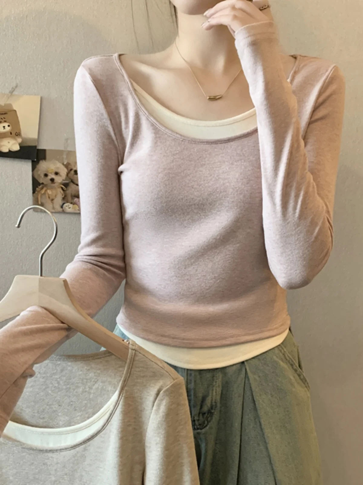 Pink Fake Two Pieces U Collar Long sleeves Shirt Women 2024 Autumn Slim fit Short Clavicle Knit Super Figure Top