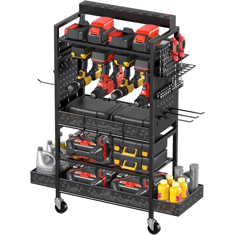 

Garage Power Tools Organizer Cart with Charging Station, Black Floor Standing Rolling Drill and Tools Battery Storage Cart