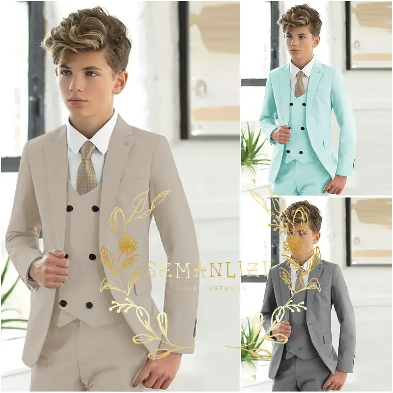 Handsome Beige Boys Kids Suits Wedding Tuxedo Formal Jacket Vest Pants 3 Piece Set 2-16 Custom Sizes Clothes Child Blazer