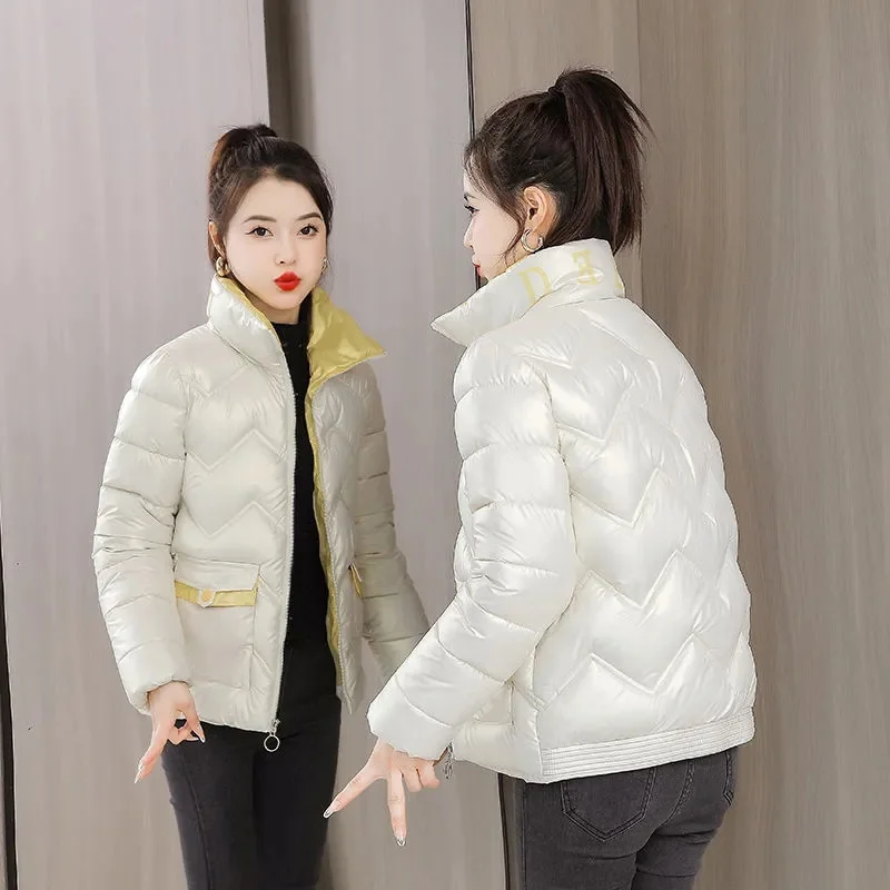 Ladies Bright Surface Without Washing Puffer Outwear 2024 Women Splicing Together Parkas Coat Winter Female Down Cotton Jacket