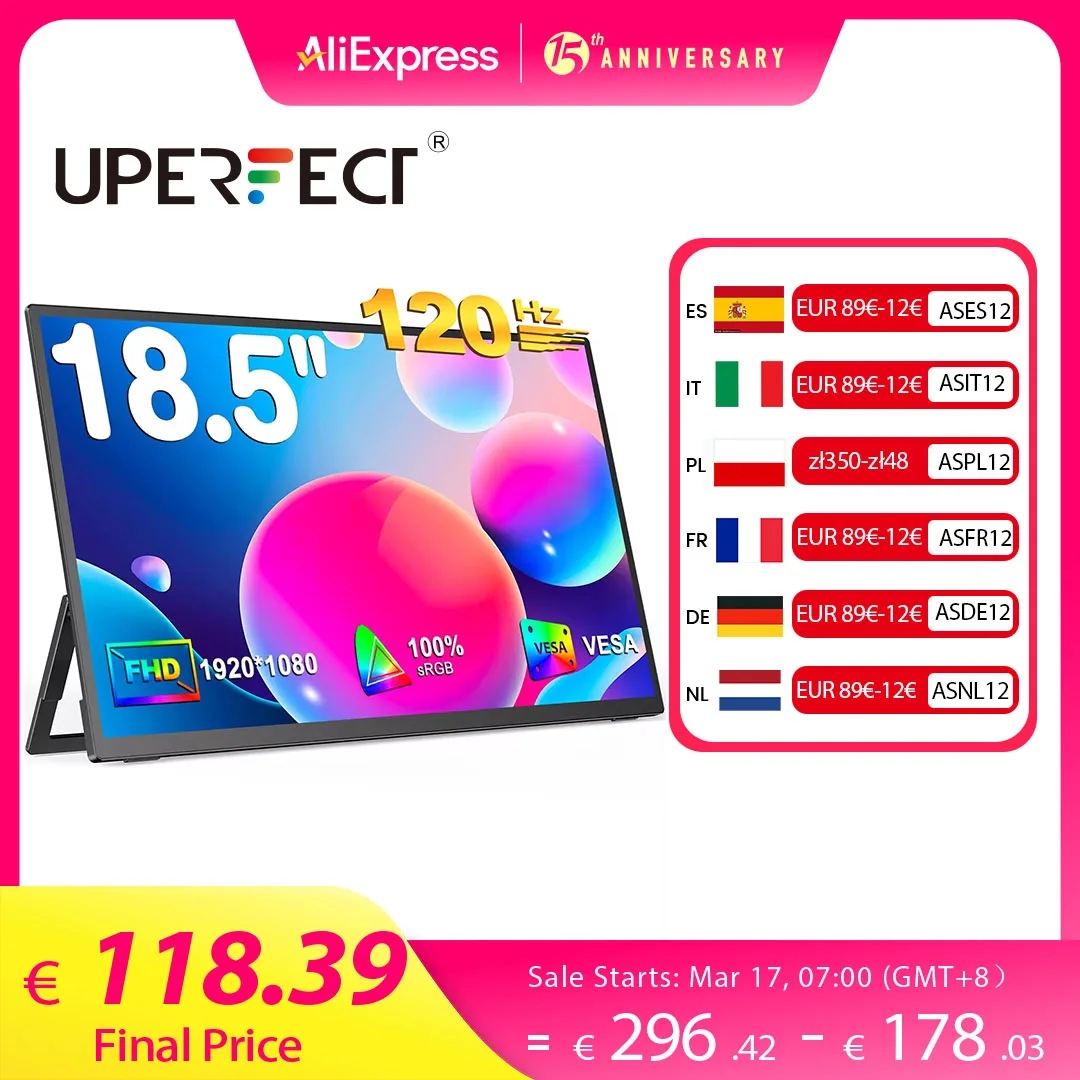 Uperfect 18,5 Zoll Computer Gaming Display tragbarer Monitor 120Hz ips Laptop HDMI USB C externer