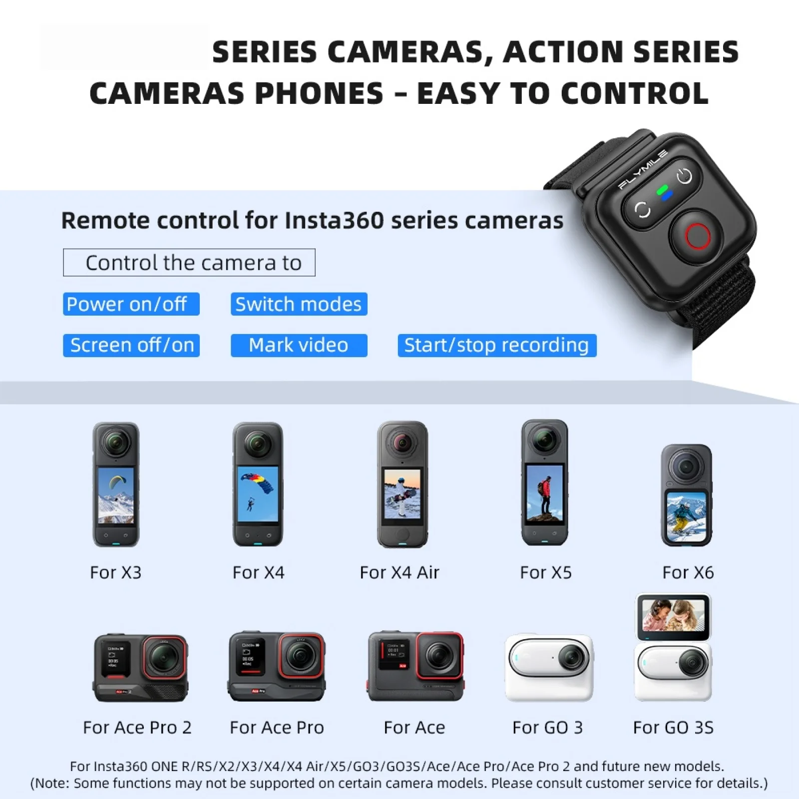Smart Wireless Remote Control for Insta360 X6 & for DJI ACTION6, 50M Range Bluetooth-compatible Remote with Wrist Strap