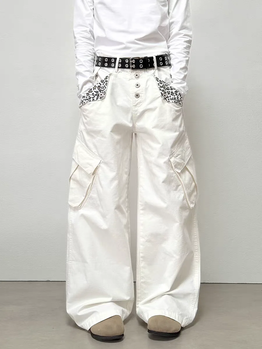 

Американские лоскутные широкие брюки с леопардовым принтом, повседневные свободные уличные брюки прямого кроя для мужчин и женщин