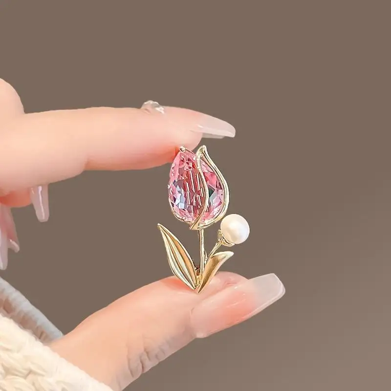 ⑧ Shiny Tulip Crystal Zircon Flower Pearl Brooch For Women Rhinestone Corsage Pins Party Jewelry Gift