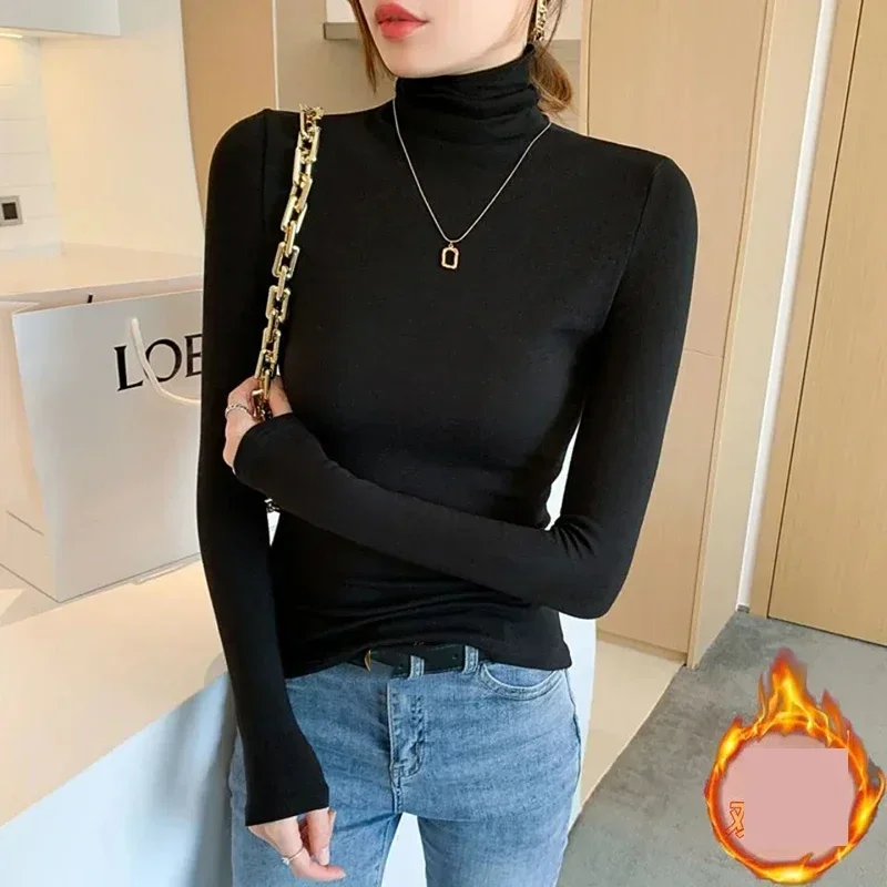 Turtleneck Undershirt Thin Velvet Slim Solid Color Women\'s Long Sleeved Pullover Simple Casual Korean Fashion Autumn Winter