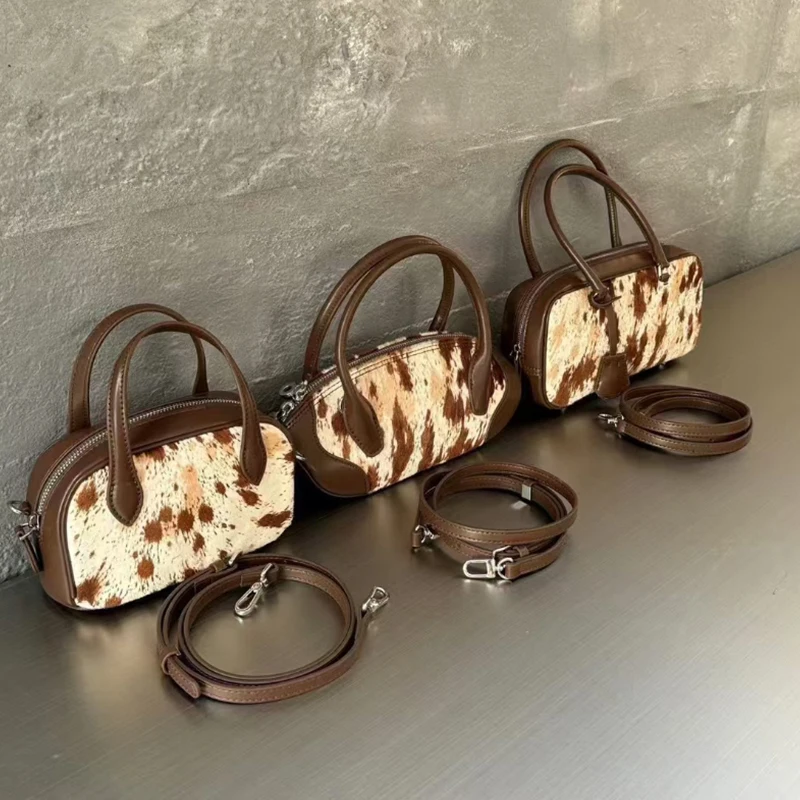 

Branded Genuine Leather Women's Bowling Bag Premium Leopard Print Handbag Stylish Luxurious Color-blocked Shoulder/crossbody Bag