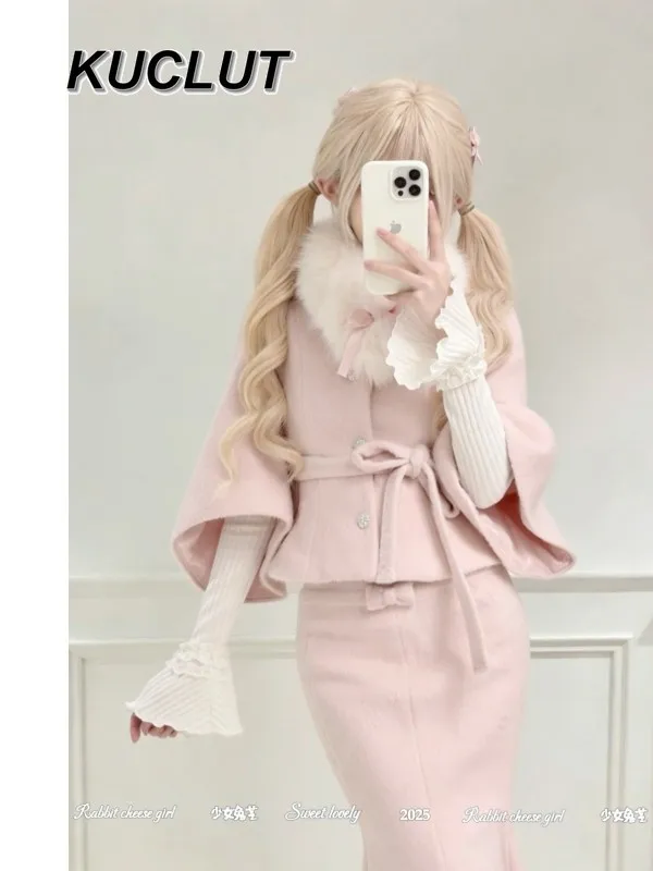 Girl Three-Piece Set for Women Autumn Winter Sweet and Cute Base Layer Pink Elegant Woolen Coat Waist-Tie Fishtail Skirt Set