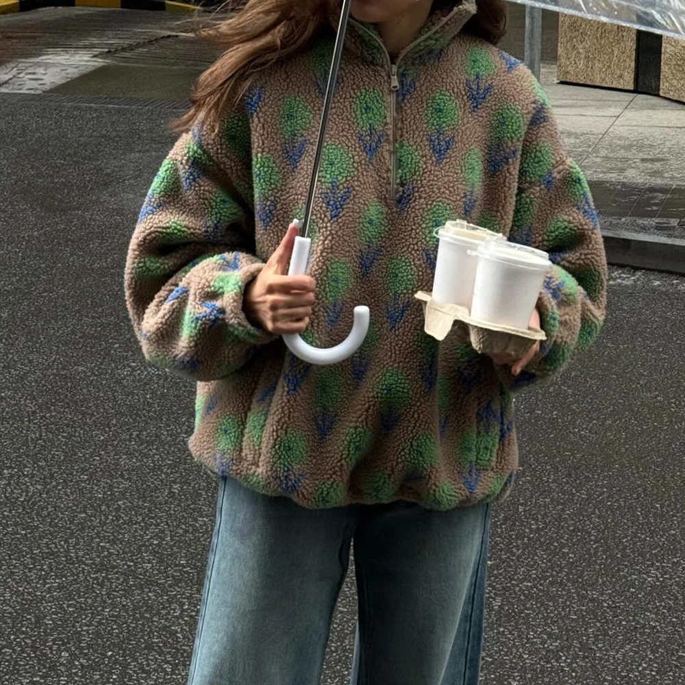 Ticketsx المرأة المطبوعة فرو الضأن هوديس خمر أزياء الأزهار التباين فضفاض البلوز خريف شتاء عارضة الشارع مكتب هوديس #5