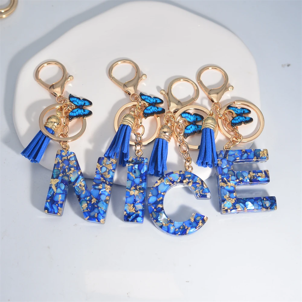 Exquisite Blue Glazed Stone A to Z Resin Keychain 26 Initials Butterfly Tassel Pendant Keyring for Women Men Car Key Holder Gift