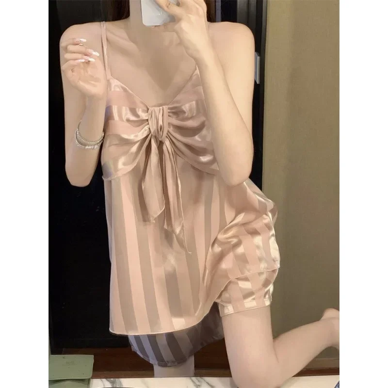 Suspenders Pajamas Female Shorts Suit New Style Loose Large Size Loungewear Bow Streak Summer Style Cool Feeling Skin-friendly