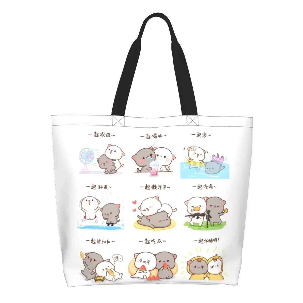 Cute Printing Peach And Goma Collage Tote Shopping Bags Reusable Canvas Shoulder Shopper Couple Mochi Cat Handbag