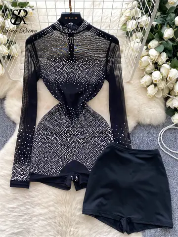 SINGREINY Summer Thin Sheer Sexy Bodysuit Long Sleeve Zipper With Shorts Design Rompers Beadings Streetwear Women Mesh Playsuits