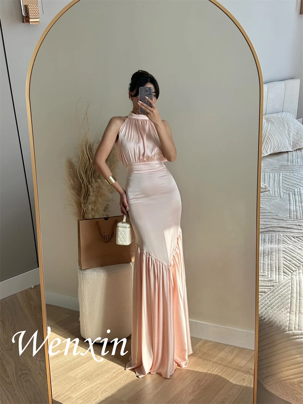 Robe De soirée sirène en Satin rose romantique, personnalisée, Sexy, col licou, sans manches, robes De soirée exquises