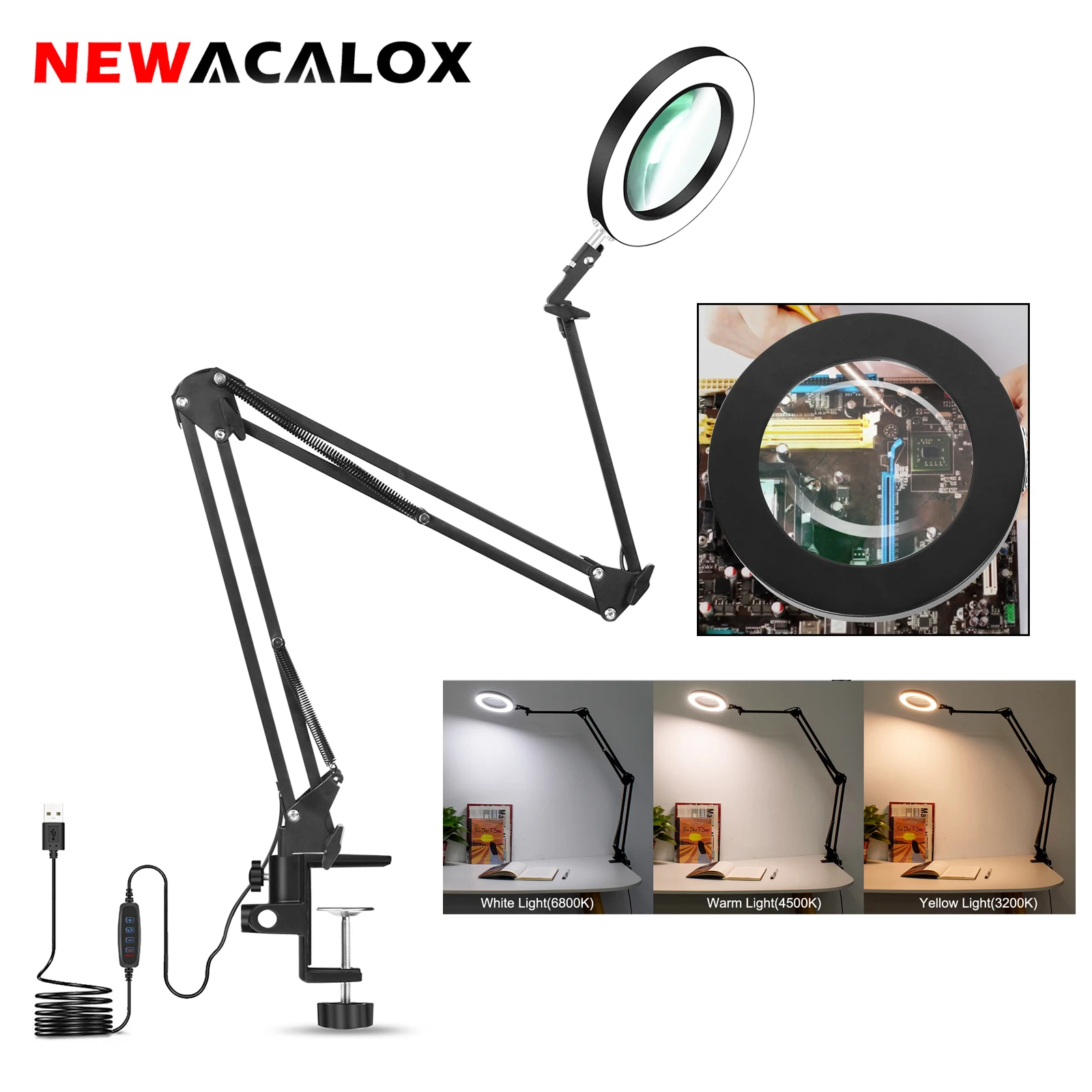 

5X Magnifying Glass with Light Swing Arm Magnifying Lamp 3 Color Modes Stepless Dimmable 5-Diopter Real Glass Lens Magnifier