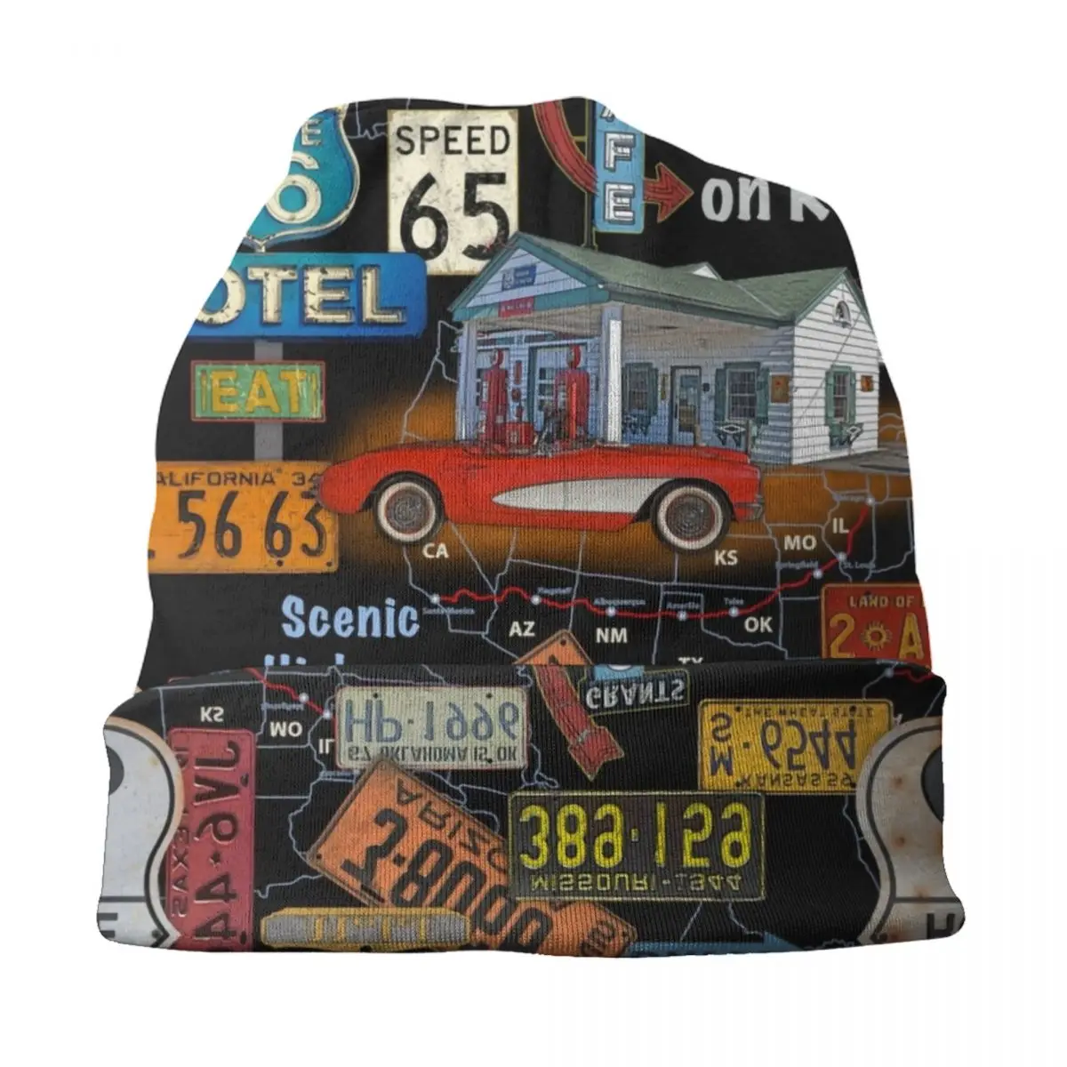 Vintage America Road Route 66 Skullies Beanies Caps Cool Winter Warm Women Men Knit Hat Unisex Adult Bonnet Hats